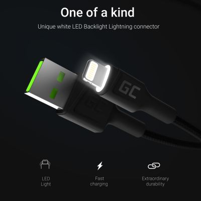 3. GREEN CELL KABEL KABGC12 GC RAY USB - LIGHTNING 200CM, BIAŁY LED, SZYBKIE ŁADOWANIE