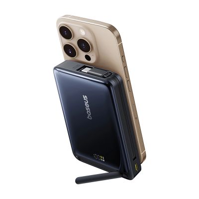 3. Powerbank Baseus Nomos 10000mAh 45W Qi2 z podstawką kompatybilny z MagSafe z wbudowanym kablem USB-C - czarny