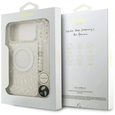 8. Etui Guess IML Flowers Allover Electroplated with Pearl Strap MagSafe na iPhone 18 Pro Max / 17 Pro Max - białe