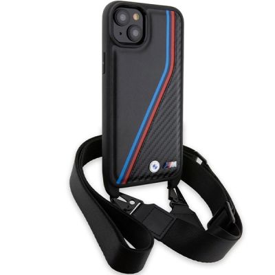 3. Etui BMW M Edition Carbon Tricolor Lines & Strap na iPhone 15 Plus / 14 Plus - czarne