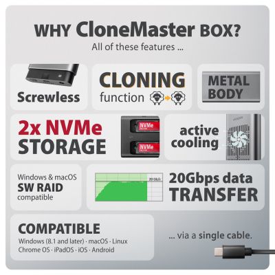 3. Axagon EEM2-20GD stacja dokująca do dysków twardych USB 3.2 Gen 2 (3.1 Gen 2) Type-C Czarny, Szary