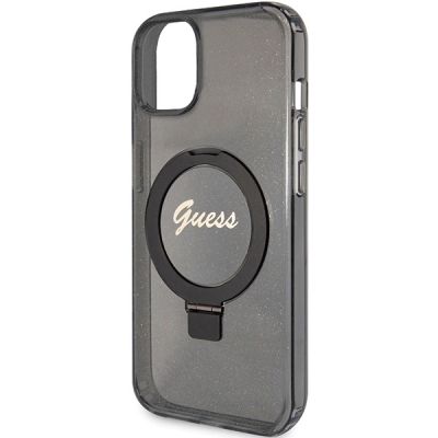 6. Etui Guess Ring Stand Script Glitter MagSafe na iPhone 13 / 14 / 15 - czarne