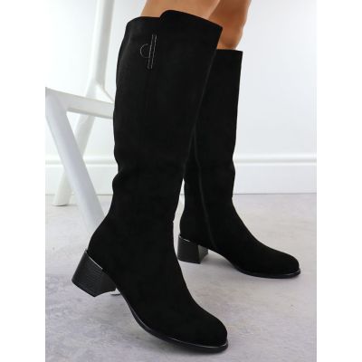 4. Kozaki damskie na obcasie ocieplane zamszowe czarne Jezzi MR2481-3