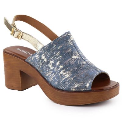 13. Sandały damskie na słupku jeansowe pozłacane M.Daszyński MR23126-7