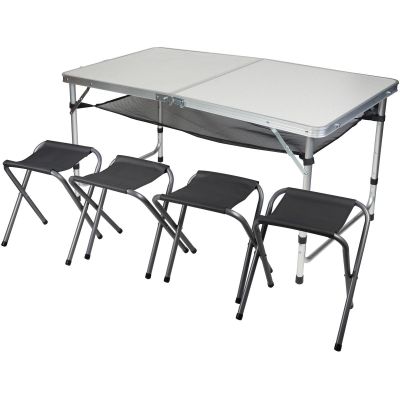 15. STOLIK TURYSTYCZNY SKŁADANY KEMPINGOWY 120x60x70/62/55CM 4 KRZESŁA I PÓŁKA