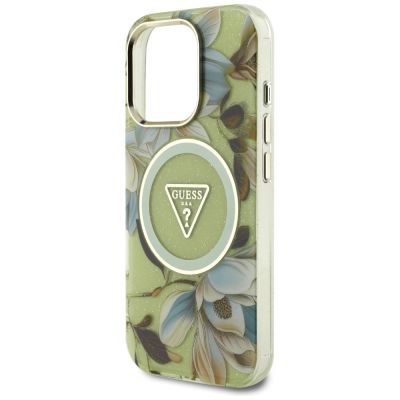 6. Etui Guess Glitter Flowers Triangle Buttons MagSafe do iPhone 16 Pro Max zielony
