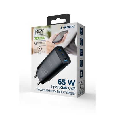 5. GEMBIRD SZYBKA ŁADOWARKA USB POWER DELIVERY USB TYPU C, 3X USB, 65 W, GAN CZARNA