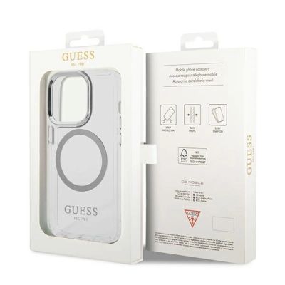 8. Etui Guess Metal Outline MagSafe na iPhone 14 Pro - srebrne
