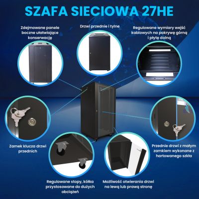 9. Extralink - szafa stojąca 19" 27U 600x1000 Czarna flat-pack