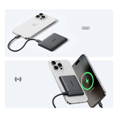 13. Powerbank Baseus PicoGo AM31 Qi2 5000mAh 20W kompatybilny z MagSafe z podstawką (z czarnym kablem Simple Braided USB-C - USB-C 30cm) - czarny