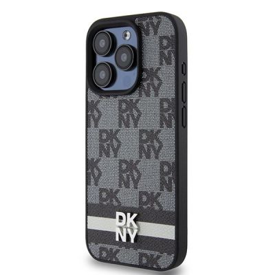 2. Etui DKNY Leather Checkered Mono Pattern & Printed Stripes na iPhone 15 Pro - czarne