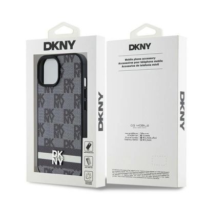 8. Etui DKNY Leather Checkered Mono Pattern & Printed Stripes na iPhone 15 / 14 / 13 - czarne