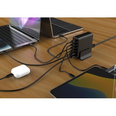 4. GEMBIRD 6-PORTOWA SZYBKA ŁADOWARKA SIECIOWA GAN (PD) 6XUSB (2X USB-A + 4X USB-C), 75W, CZARNA