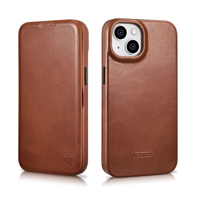 32. iCarer CE Oil Wax Premium Leather Folio Case skórzane etui iPhone 14 Plus z klapką magnetyczne MagSafe brązowy (AKI14220707-BN)