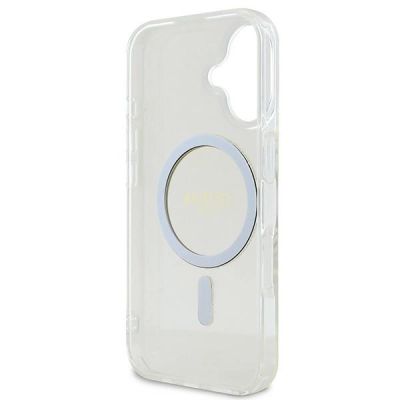 7. Etui Guess IML Glitter Circle MagSafe na iPhone 16 - przezroczyste