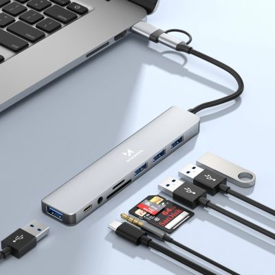 3. Hub USB Wozinsky WAH-81 8w1 z czytnikiem kart SD USB 3.0 i wyjściem audio - szary