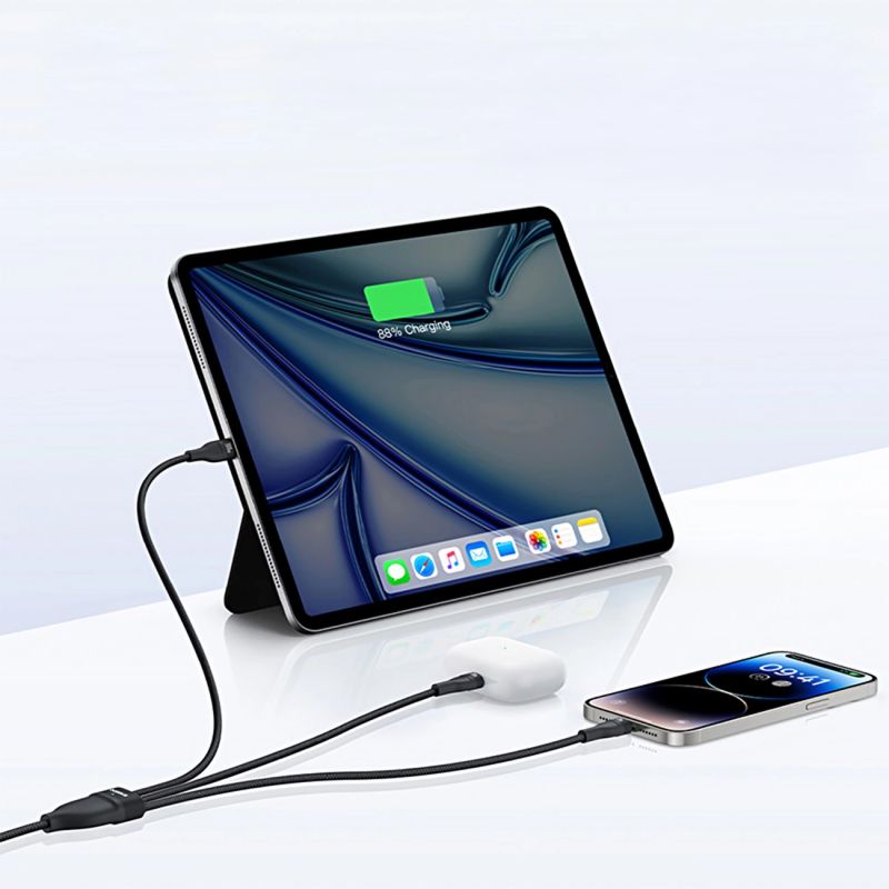 13. Kabel 3w1 Baseus Flash Series 3 100W USB-C - USB-C+USB-C+Lightning 1,5m + 3 x 0,25 m - czarny