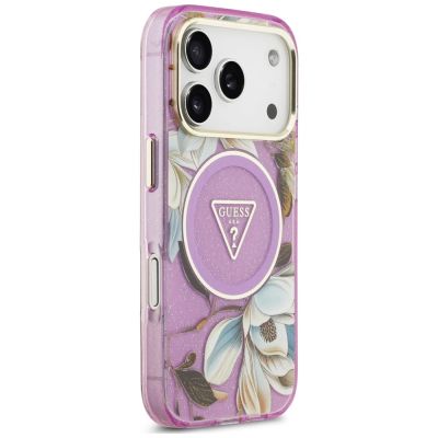 4. Etui Guess IML Glitter Flowers Triangle MagSafe na iPhone 18 Pro Max / 17 Pro Max - fioletowe