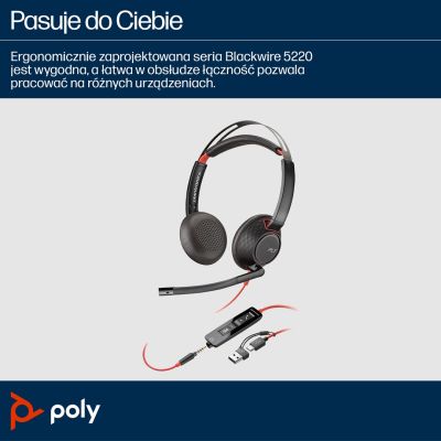 161. Słuchawki Poly Blackwire 5220 Stereo USB-C Headset +3.5mm Plug +USB-C/A Adapter 8X231AA