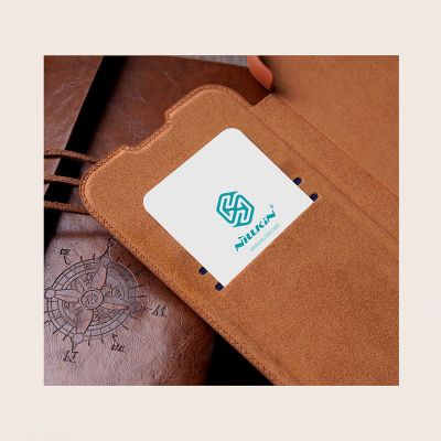 12. Nillkin Qin Leather Pro Case etui do Samsung Galaxy S22+ (S22 Plus) osłona na aparat kabura pokrowiec obudowa z klapką brązowy