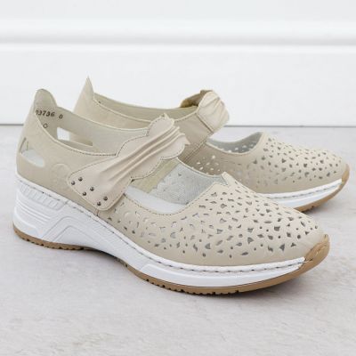 3. Skórzane półbuty ażurowe na rzep beżowe Rieker N4382-60