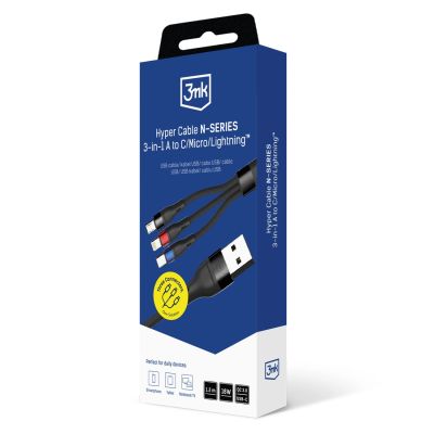 8. Kabel 3mk Hyper Cable N-SERIES 3 in 1 USB-A / Lightning / Micro 1.2m 9V/2A 18W - czarny