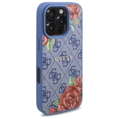 4. Etui Guess 4G Flowers Print MagSafe na iPhone 16 Pro - niebieskie