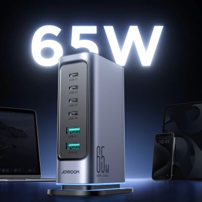 7. Ładowarka Joyroom JR-TCM02 wieloportowa GaN 65W EU 4x USB-C 2x USB-A - ciemnoszara