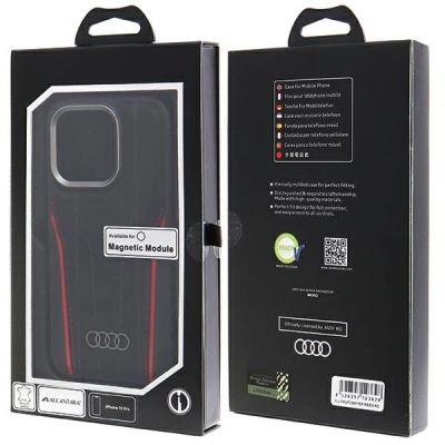 10. Etui Audi Genuine Leather z MagSafe na iPhone 15 Pro - czarno-czerwone