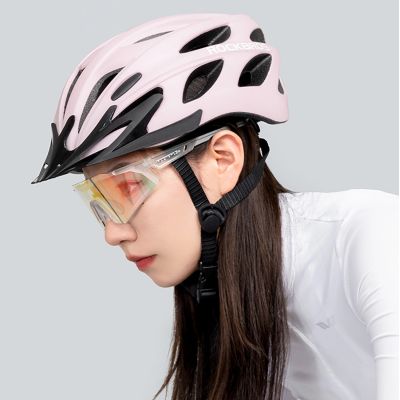 8. Kask rowerowy Rockbros z szybką, odpinane okulary z ochroną UV, odłączany daszek, unisex - różowy