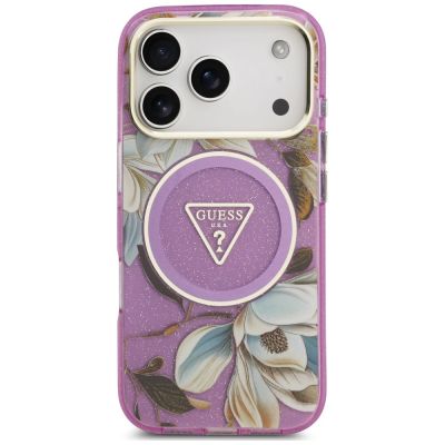 3. Etui Guess IML Glitter Flowers Triangle MagSafe na iPhone 18 Pro Max / 17 Pro Max - fioletowe