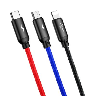 2. Kabel Baseus Three Primary Colors 3w1 USB-A - micro USB / Lightning / USB-C 3.5A 0,3 m - czarny