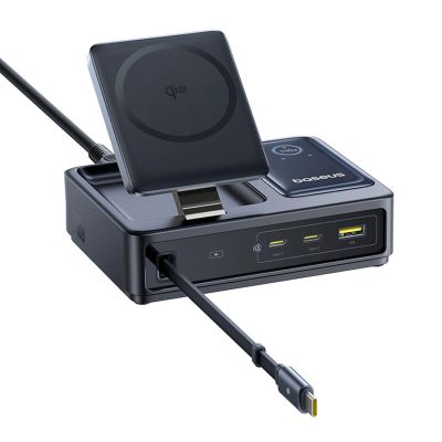 3. Stacja ładująca Baseus NOMOS 140W Qi2 5w1 bezprzewodowa ze zwijanym kablem USB-C i wyświetlaczem cyfrowym - czarna
