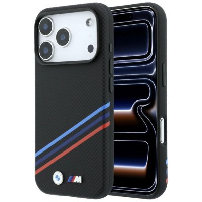 Etui BMW M Quadrille Kevlar Print Tricolor Lines & Metal Logo MagSafe na iPhone 18 Pro Max / 17 Pro Max - czarne