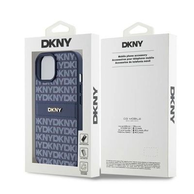 8. Etui DKNY Leather Mono Stripe & Metal Logo na iPhone 15 / 14 / 13 - niebieskie