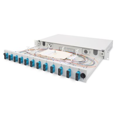 3. Panel krosowy FO bez płyty czołowej 19'' 1U, wysuwany, dławnica PG13.5 i PG16, opaski/uchwyty, szary