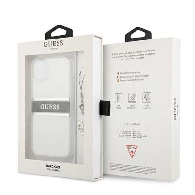 8. Etui Guess 4G Grey Strap Charm na iPhone 13 mini - przezroczyste