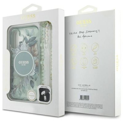 7. Etui Guess IML Flowers With Pearl Strap MagSafe na iPhone 16 Plus - zielone