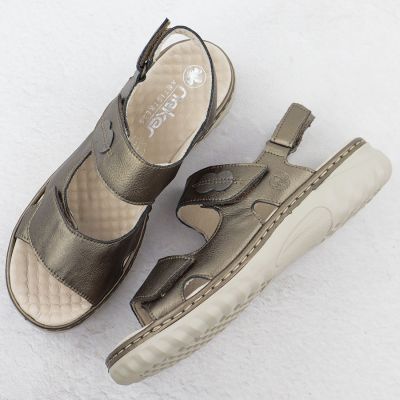 3. Skórzane sandały damskie na rzep metaliczne brązowe Rieker 60462-90