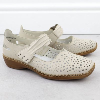 11. Skórzane półbuty damskie na rzep ażurowe beżowe Rieker 41399-14