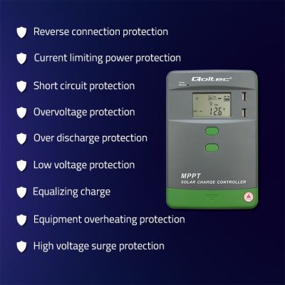 5. Solarny regulator ładowania MPPT Qoltec 53662 z czujnikiem temperatury 30A 12V/24V LCD 2xUSB Bluetooth APP GEL LiFePO4