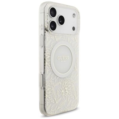4. Etui Guess IML Flowers Electro Pearl Strap MagSafe na iPhone 17 Pro Max - białe