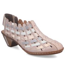 Skórzane półbuty damskie na obcasie komfortowe elastyczne kremowe Rieker 46778-64