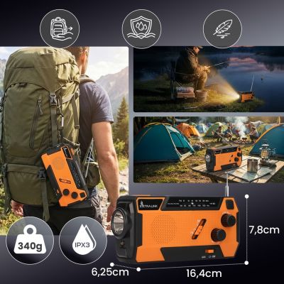 20. Extralink RADIO AWARYJNE SOLARNE Z KORBKA DYNAMO POWERBANK 4000MAH Z LATARKA SOS SR-4000 Przenośny Analogowy Czarny, Pomarańczowy