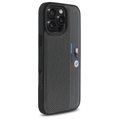 4. Etui BMW M Perforated Tricolor Detail Line na iPhone 16 Pro - ciemnoszare
