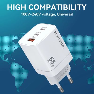 8. Ładowarka sieciowa GaN Wozinsky CGWCW 65W USB-A / 2 x USB-C - biała