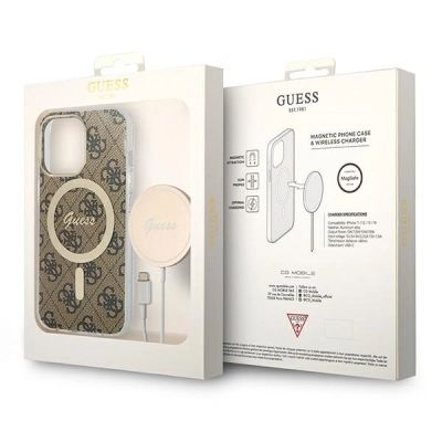 10. Etui Guess 4G Print MagSafe na iPhone 13 Pro + ładowarka indukcyjna - brązowe
