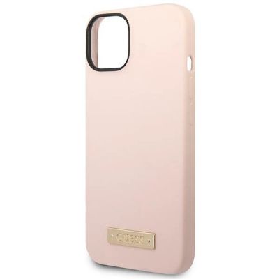 6. Etui Guess Silicone Logo Plate MagSafe na iPhone 13 / 14 / 15 - różowe