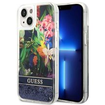 Etui Guess Flower Liquid Glitter na iPhone 14 Plus - niebieskie