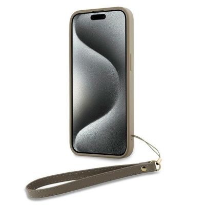 4. Etui DKNY Wrist Strap Stock Logo na iPhone 15 Pro Max - beżowe